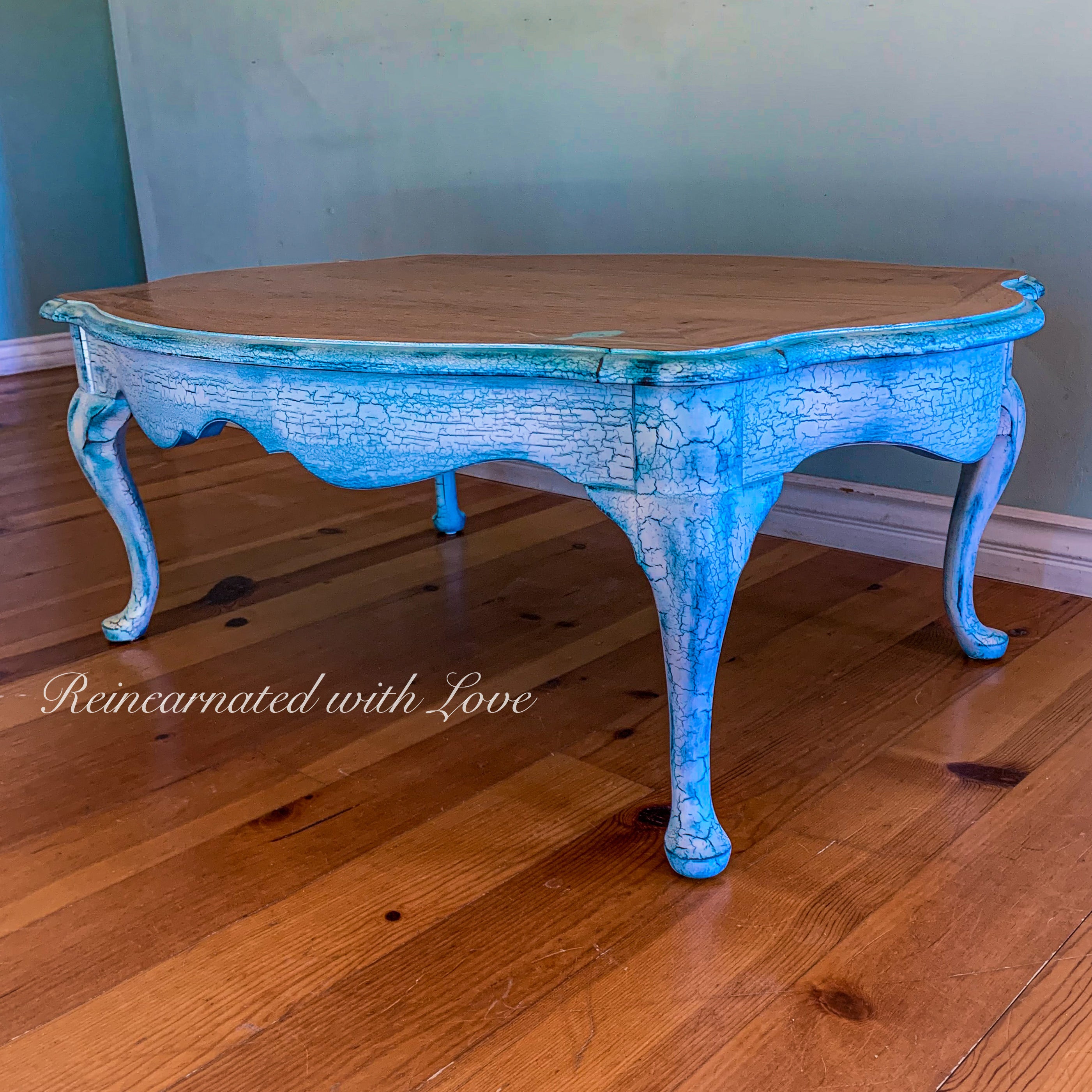 French Country Coffee Table ~ distressed white with blue undertones on stained wood