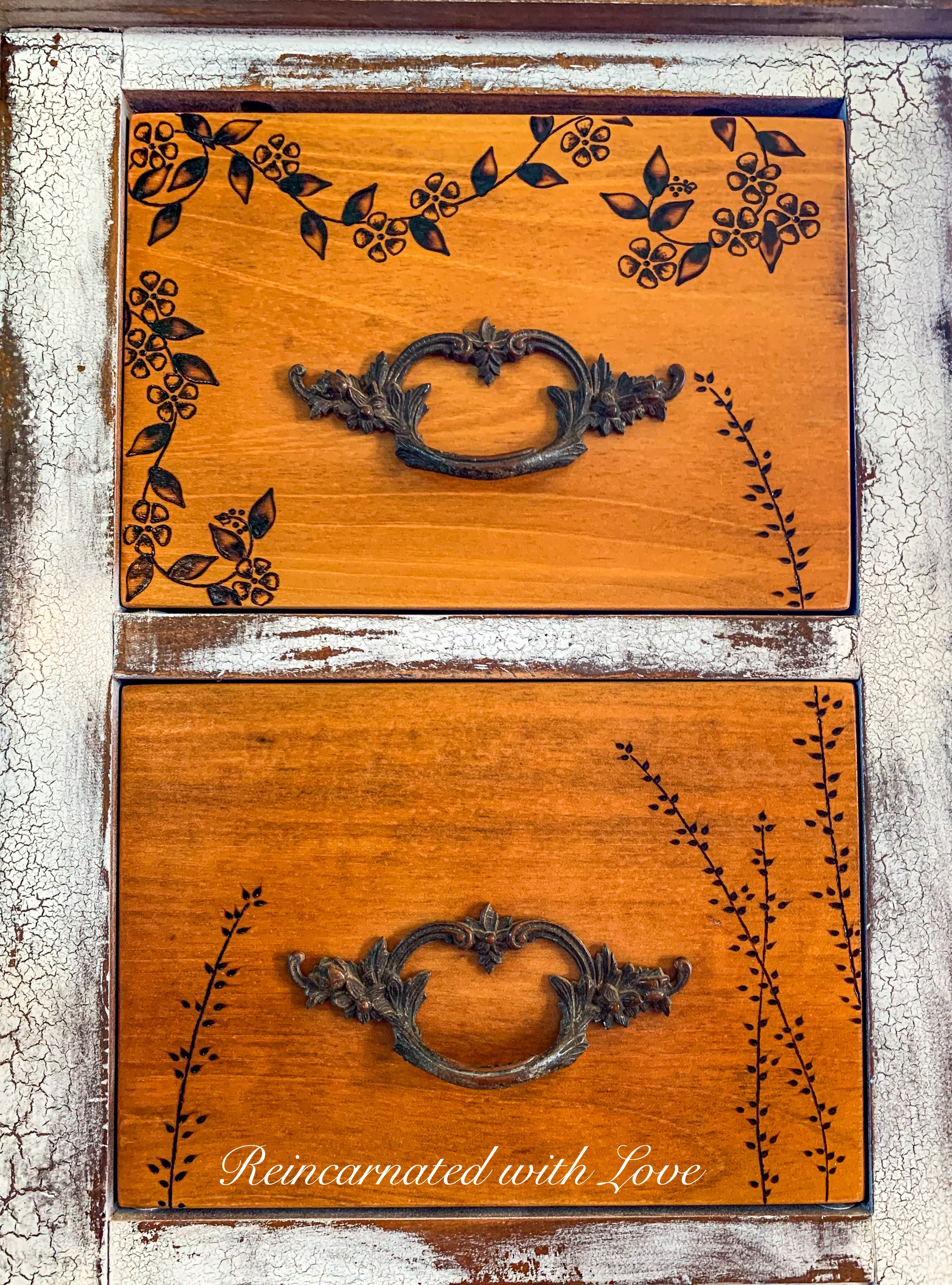 Farmhouse Style Vanity ~ antique dressing table with burnt wood, floral accents