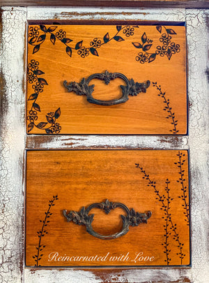 Farmhouse Style Vanity ~ antique dressing table with burnt wood, floral accents