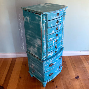 French Country Jewelry Armoire ~ in distressed blue with velvet lined drawers