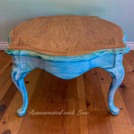 French Country Coffee Table ~ distressed white with blue undertones on stained wood
