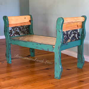 Vintage wrought iron & wood bench painted distressed green with iridescent honeycomb & bee accents.