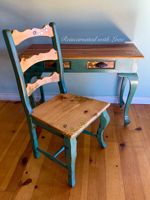 A vintage desk & matching chair done in stained wood with green trim, iridescent honeycomb & tiny bee accents.
