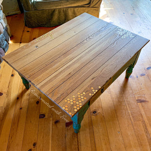 Solid Oak Coffee Table ~ with iridescent honeycomb & tiny bee accents
