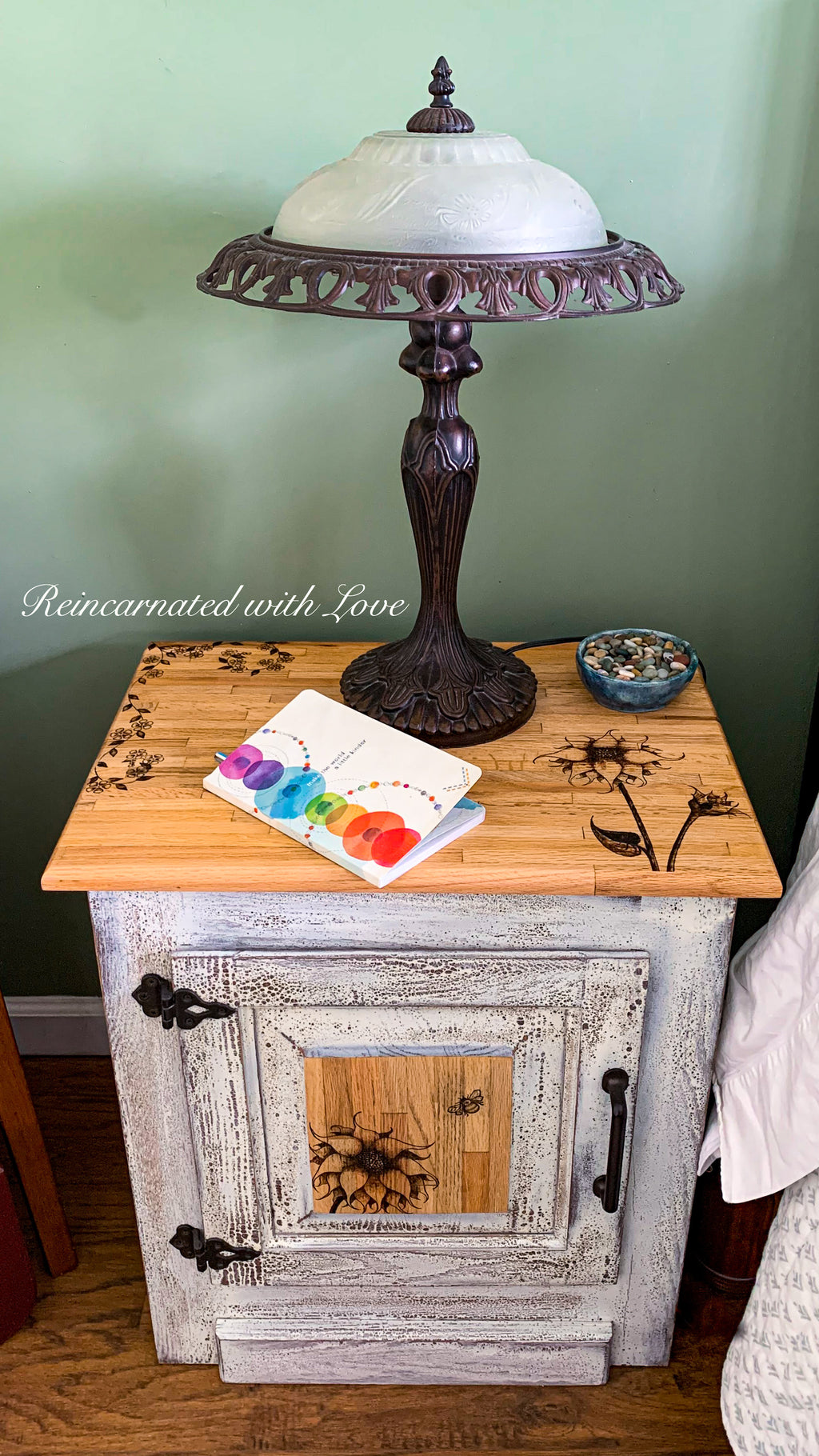 Farmhouse Style Nightstand ~ with burnt wood, floral detailing