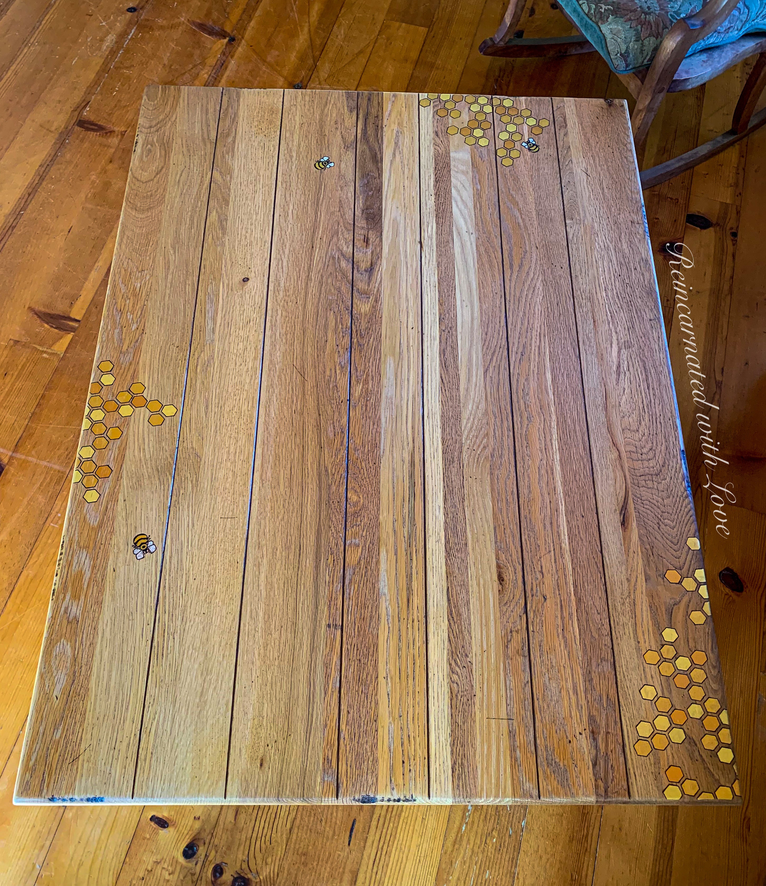 Solid Oak Coffee Table ~ with iridescent honeycomb & tiny bee accents