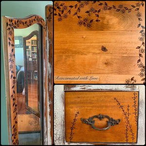 Farmhouse Style Vanity ~ antique dressing table with burnt wood, floral accents