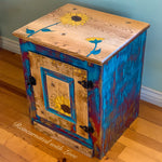 Burnt Wood & Watercolor Nightstand ~ with honeycomb, sunflowers & tiny bee accents