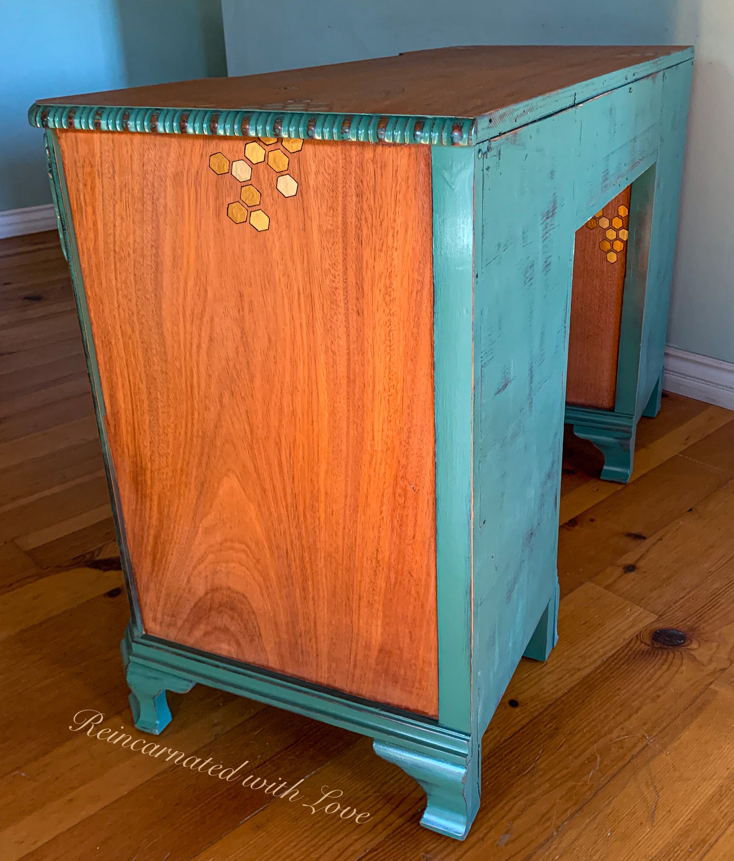Iridescent Honeycomb Desk ~ with tiny bee accents & distressed green trim