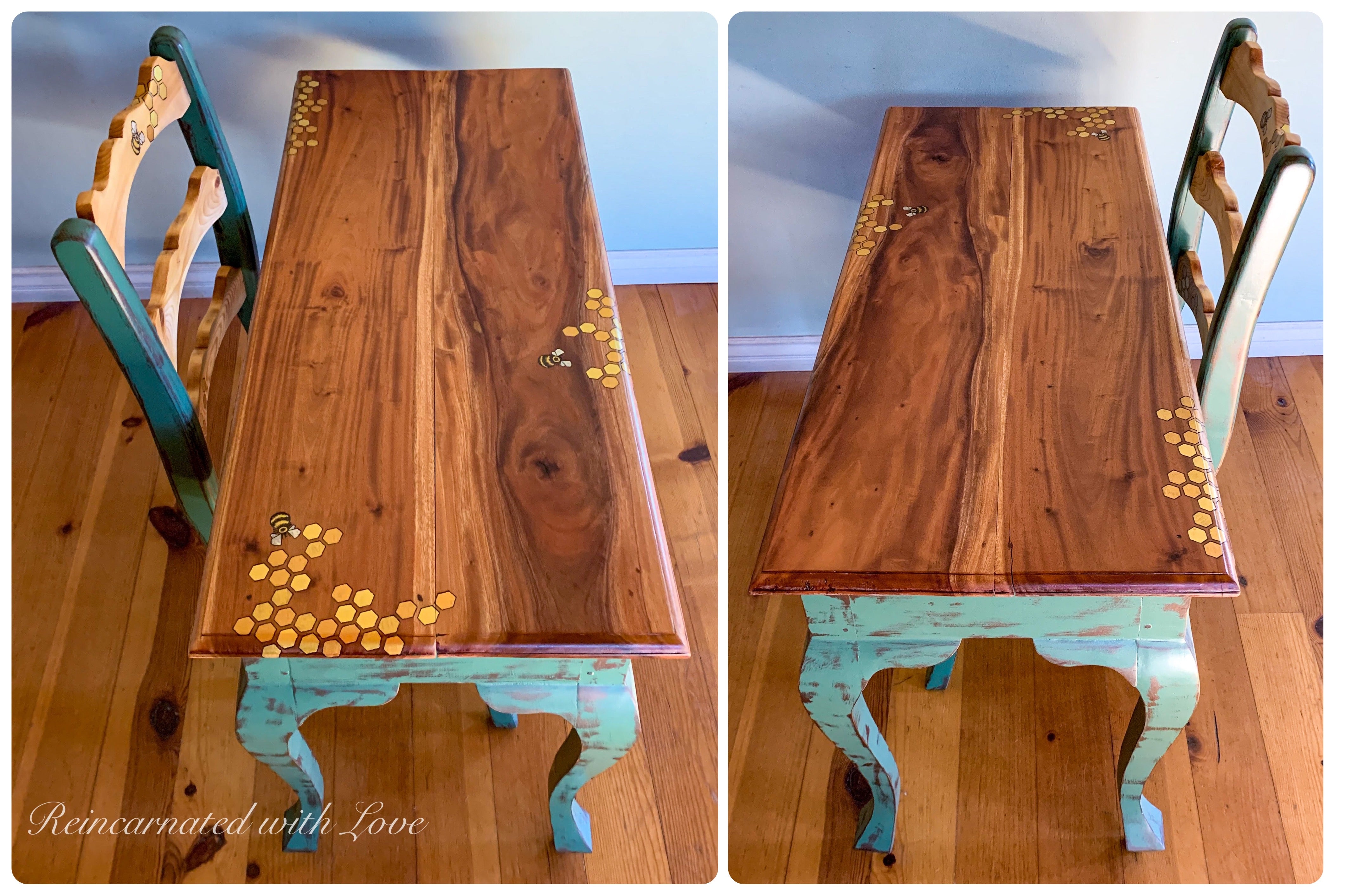 French Country Desk & Matching Chair Set ~ with burnt wood honeycomb & tiny bee accents