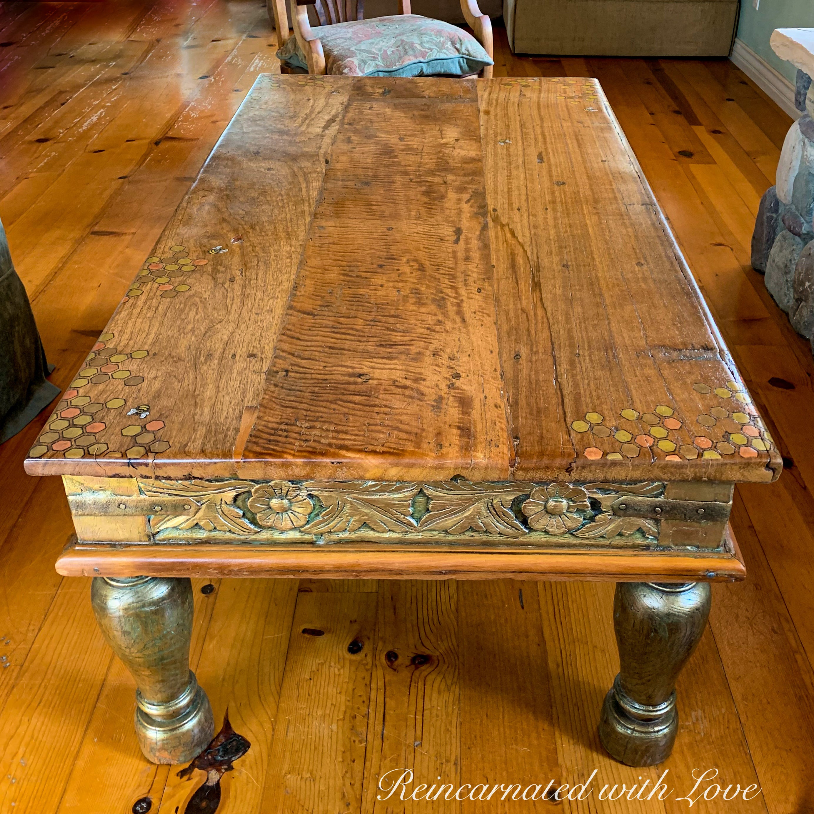 Reclaimed Wood Coffee Table ~ with iridescent honeycomb & tiny bee accents
