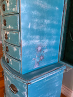 French Country Jewelry Armoire ~ in distressed blue with velvet lined drawers