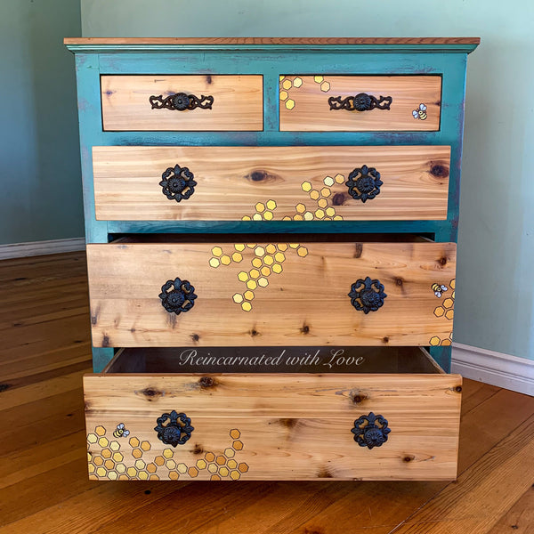 Boho Style Dresser ~ with iridescent honeycomb & tiny bee accents