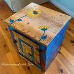 Burnt Wood & Watercolor Nightstand ~ with honeycomb, sunflowers & tiny bee accents