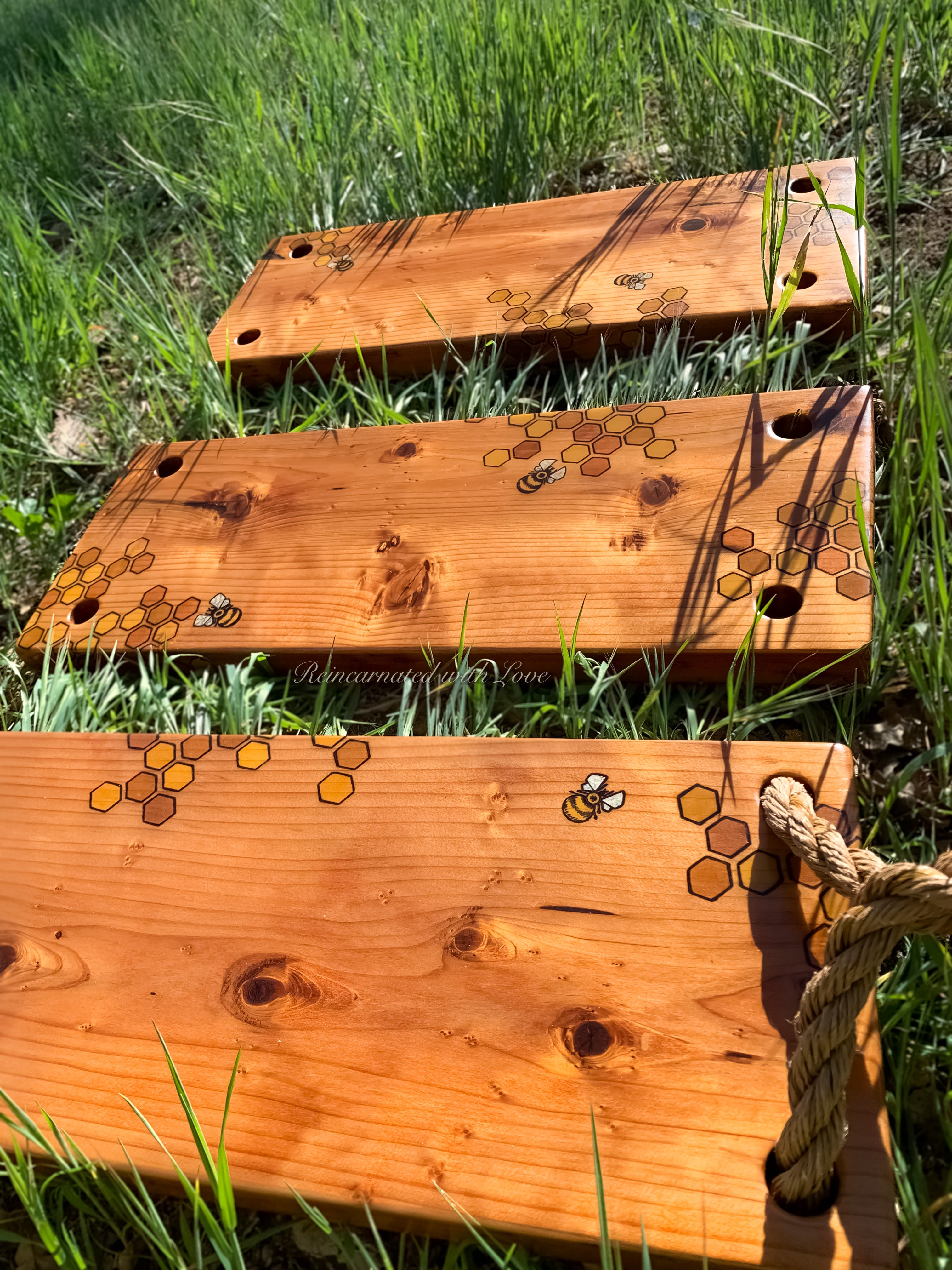 Old-Fashioned Tree Swing ~ waterproof redwood with burnt wood honeycomb & tiny bee accents