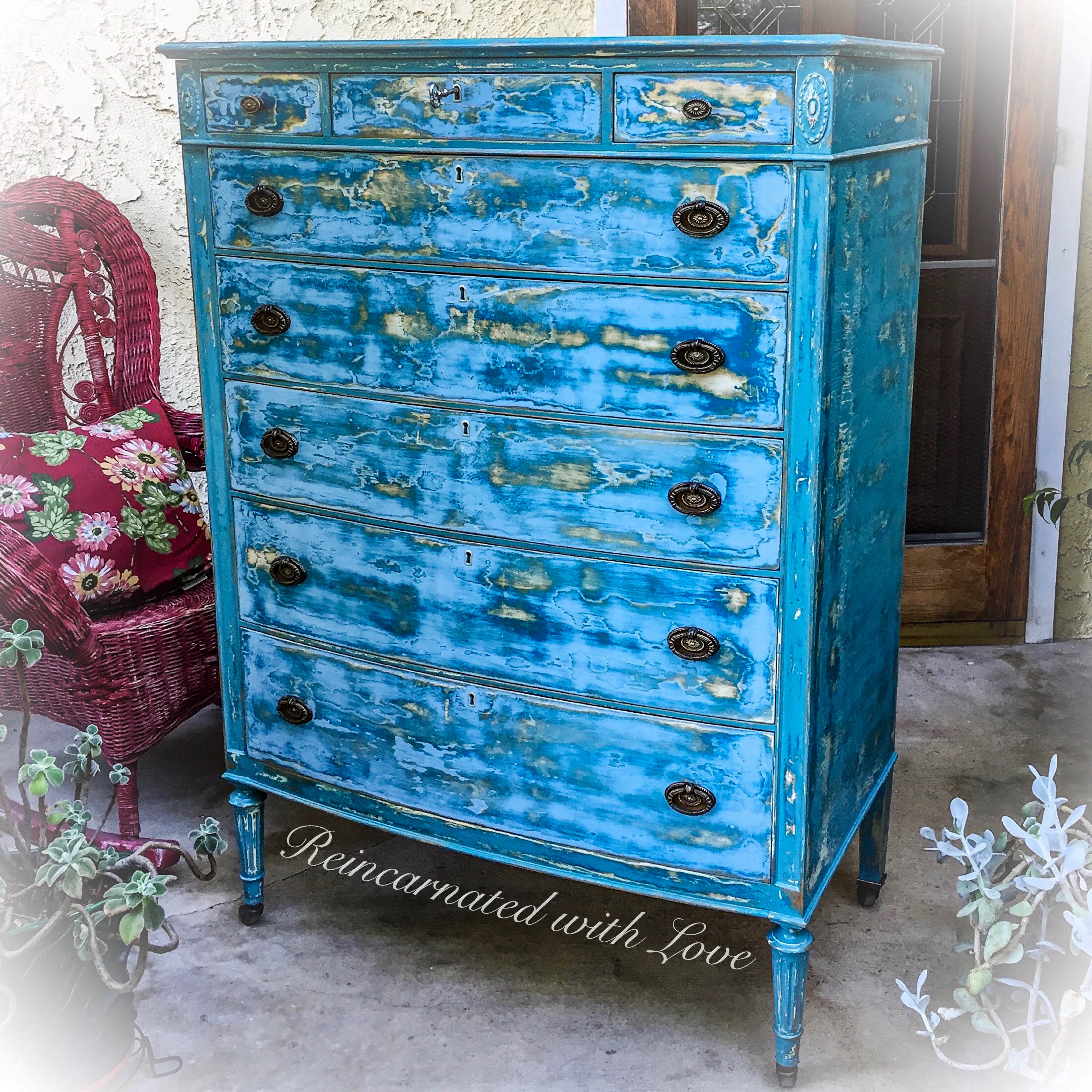 Large French Country Dresser ~ solid tiger oak antique dresser done in distressed blue