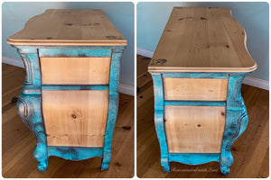 Boho Dresser ~ bombe chest of drawers in blue & green rusted copper patinas