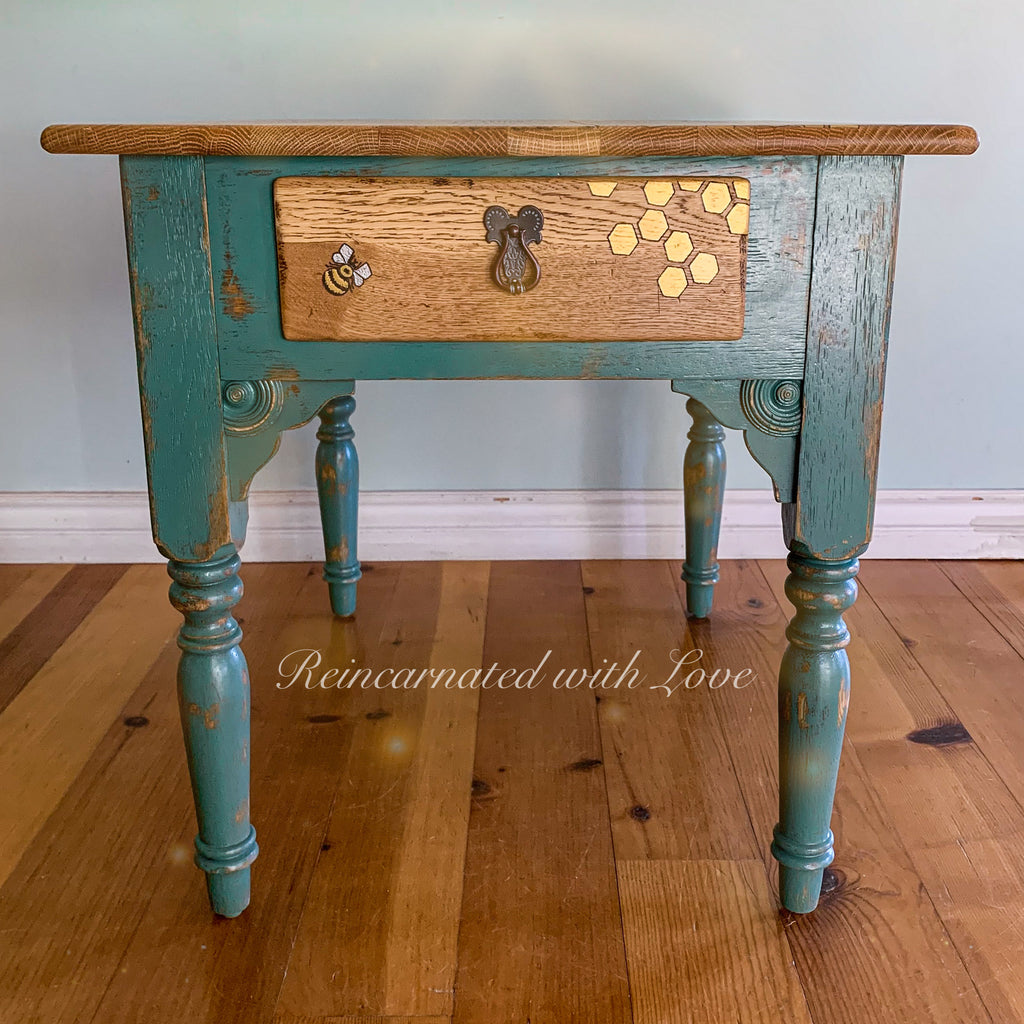 Solid Oak End Table ~ with iridescent honeycomb & tiny bee accents