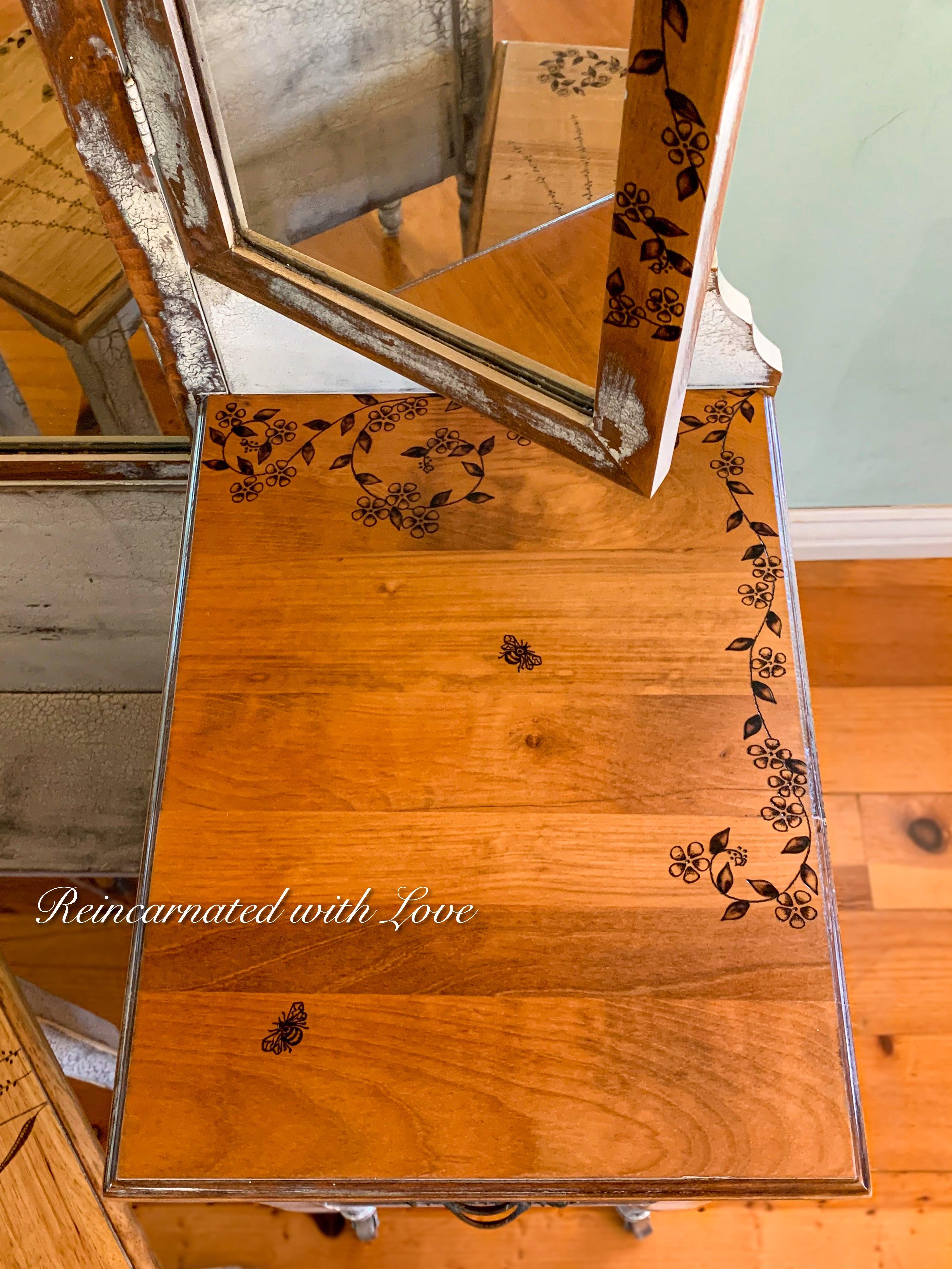 Farmhouse Style Vanity ~ antique dressing table with burnt wood, floral accents