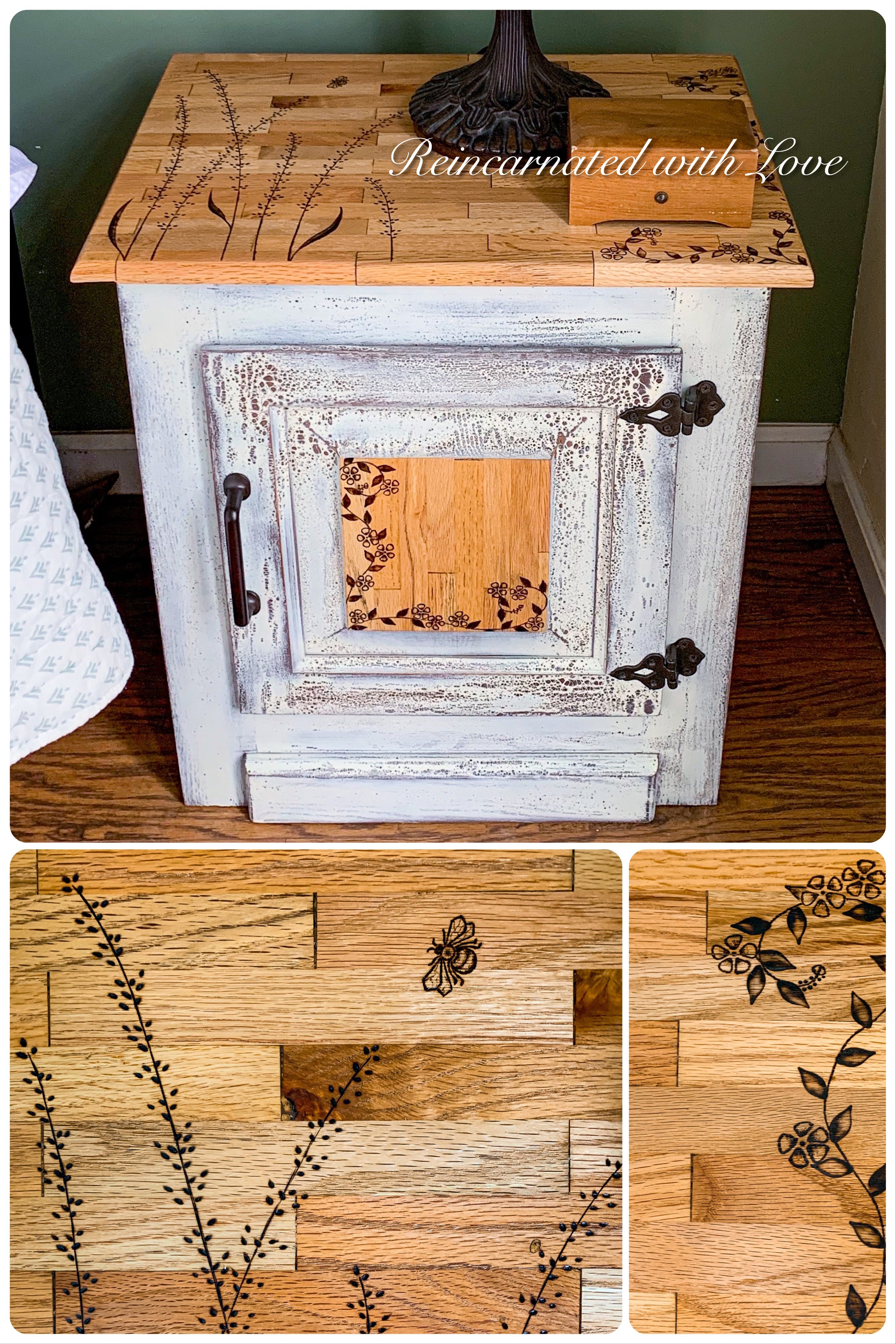 Farmhouse Bedside Table ~ with burnt wood, floral detailing