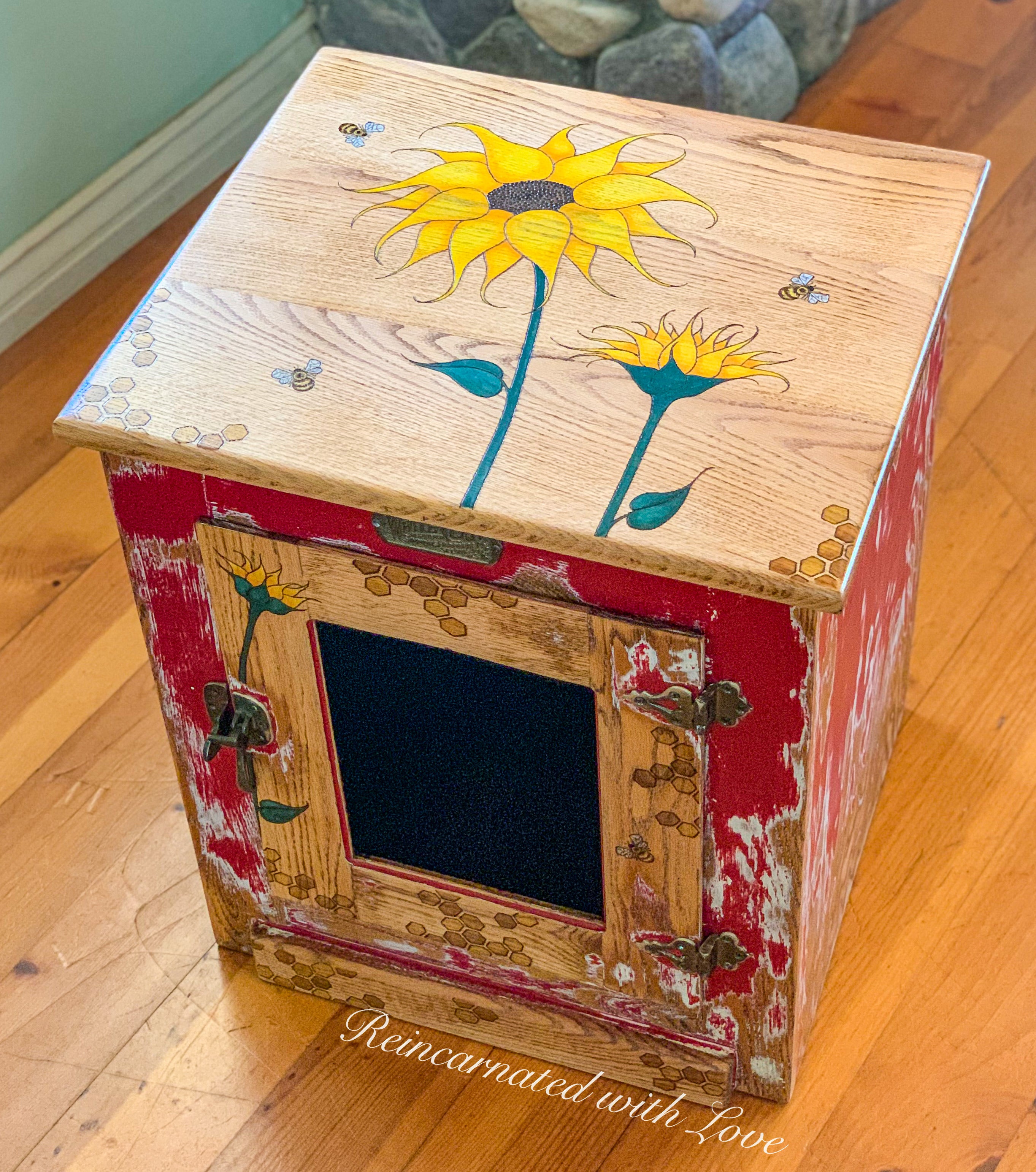 Farmhouse Style Nightstand ~ with honeycomb, sunflowers & tiny bee accents