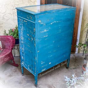 Large French Country Dresser ~ solid tiger oak antique dresser done in distressed blue