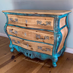Boho Dresser ~ bombe chest of drawers in blue & green rusted copper patinas