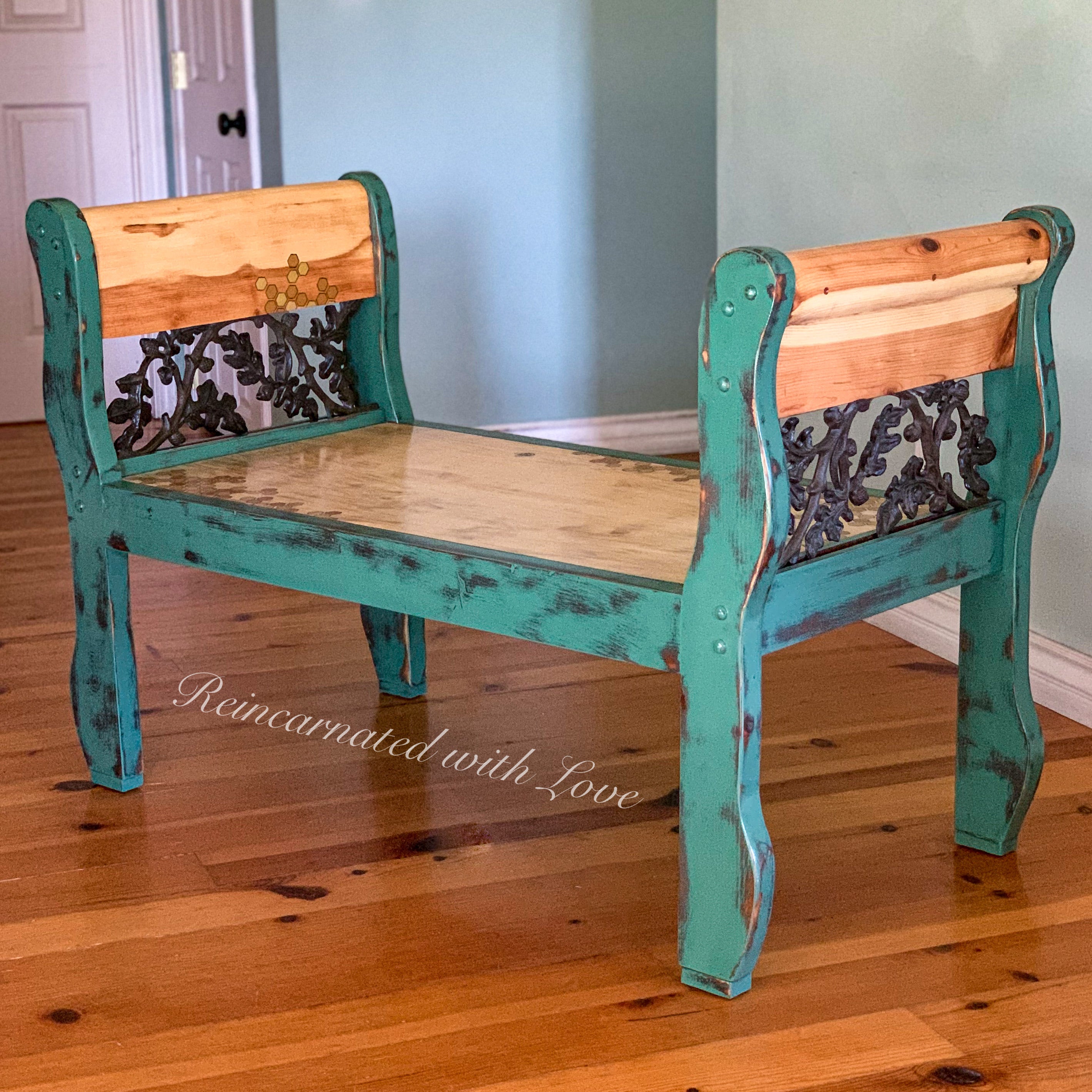 Iron & Wood Bedroom Bench ~ with iridescent honeycomb & tiny bee accents