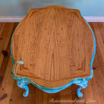 French Country Coffee Table ~ distressed white with blue undertones on stained wood
