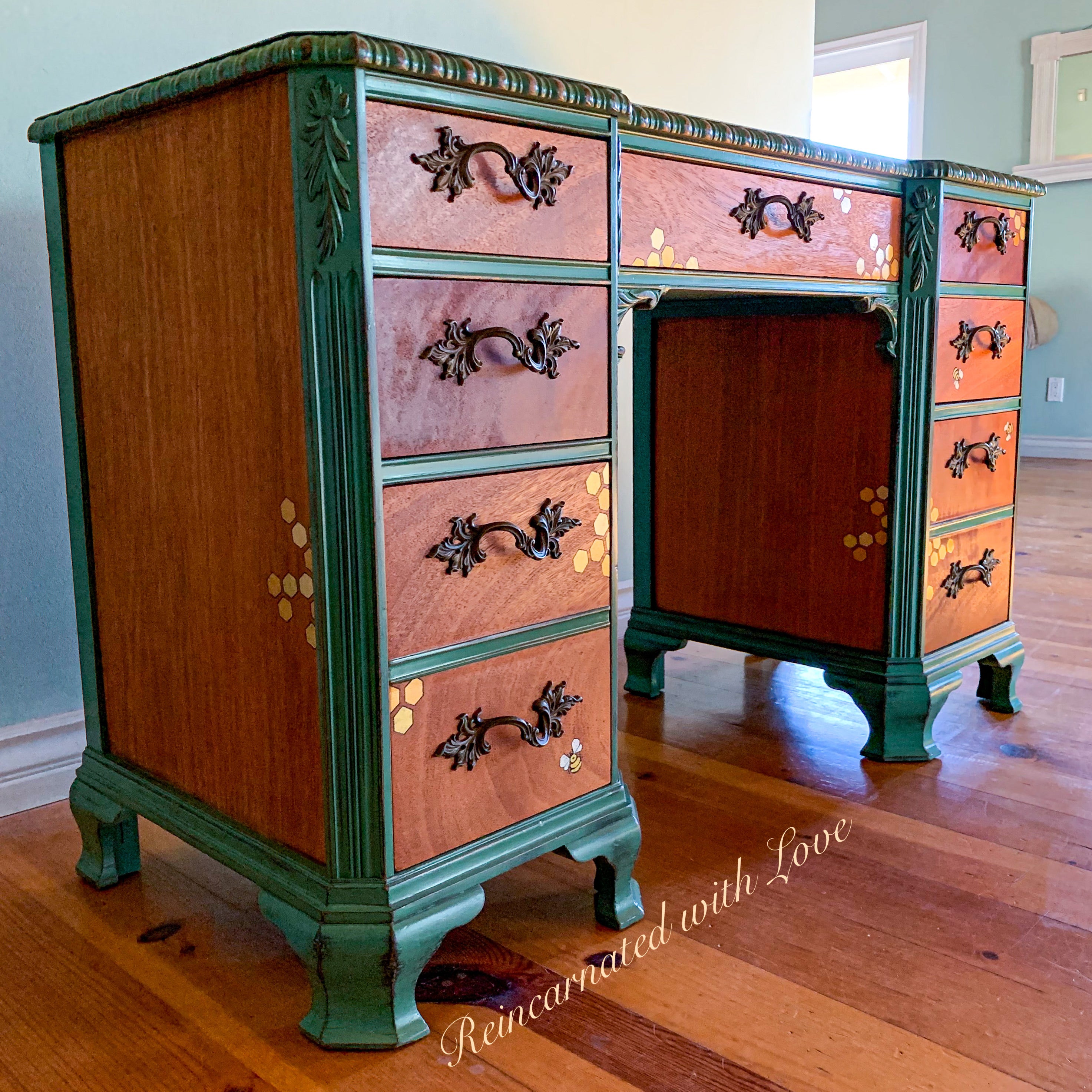 Iridescent Honeycomb Desk ~ with tiny bee accents & distressed green trim