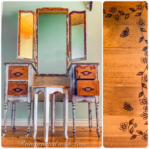 Farmhouse Style Vanity ~ antique dressing table with burnt wood, floral accents