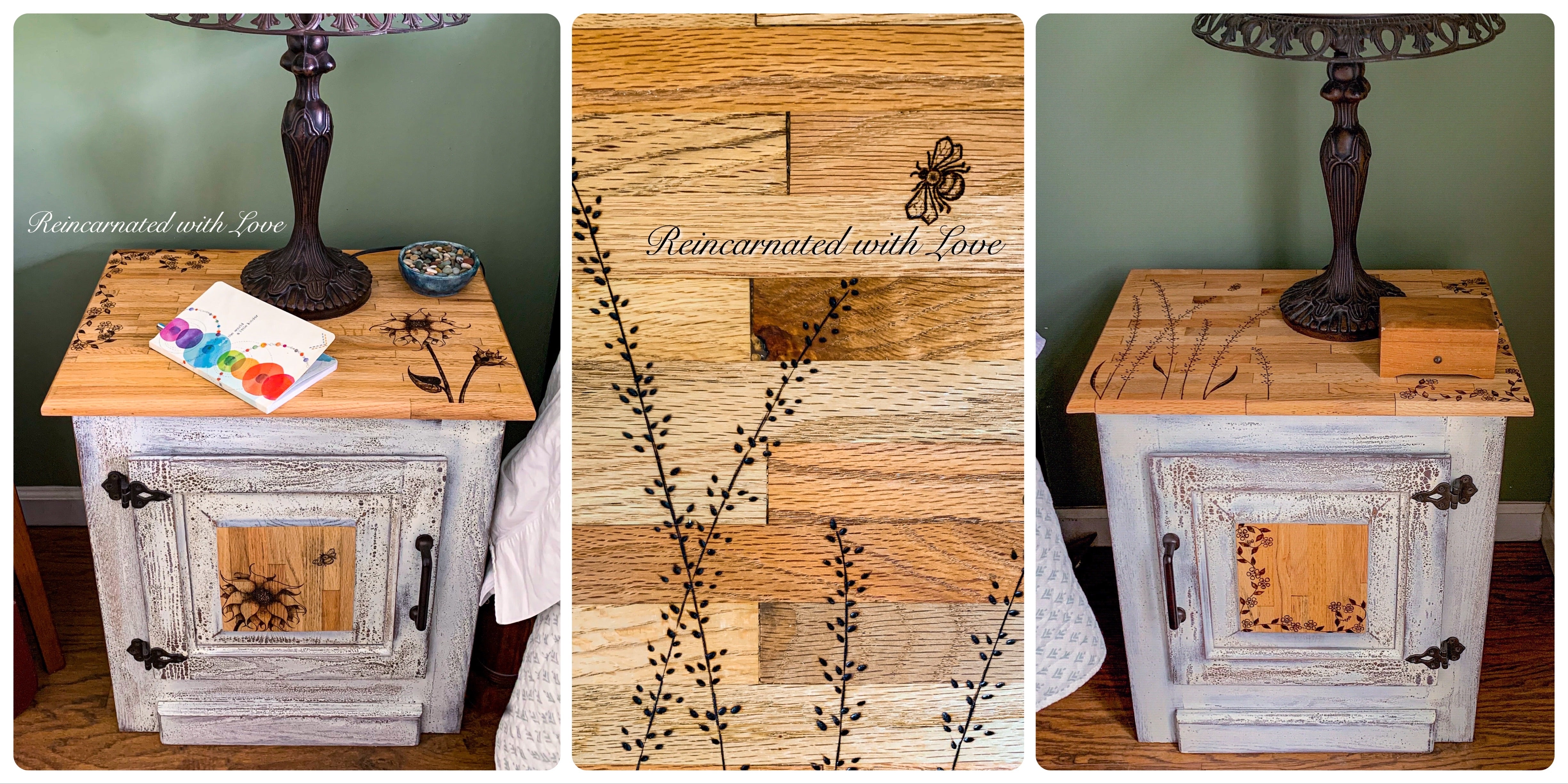 Farmhouse Bedside Table ~ with burnt wood, floral detailing