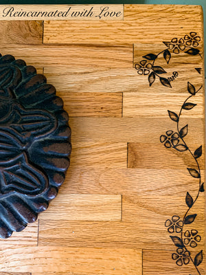 Farmhouse Bedside Table ~ with burnt wood, floral detailing