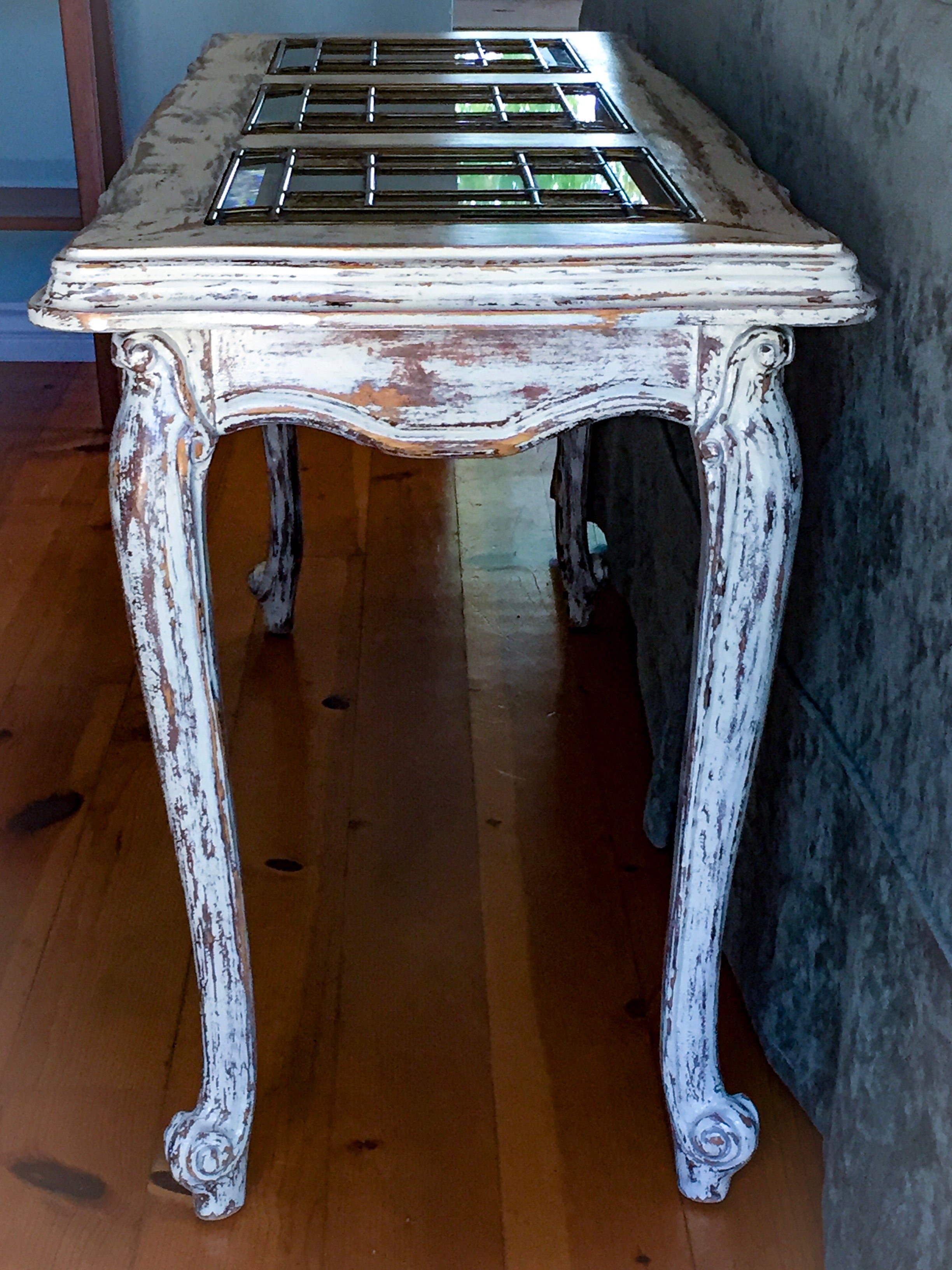Shabby Chic Table ~ glass top antique table in distressed white