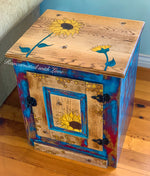 Burnt Wood & Watercolor Nightstand ~ with honeycomb, sunflowers & tiny bee accents