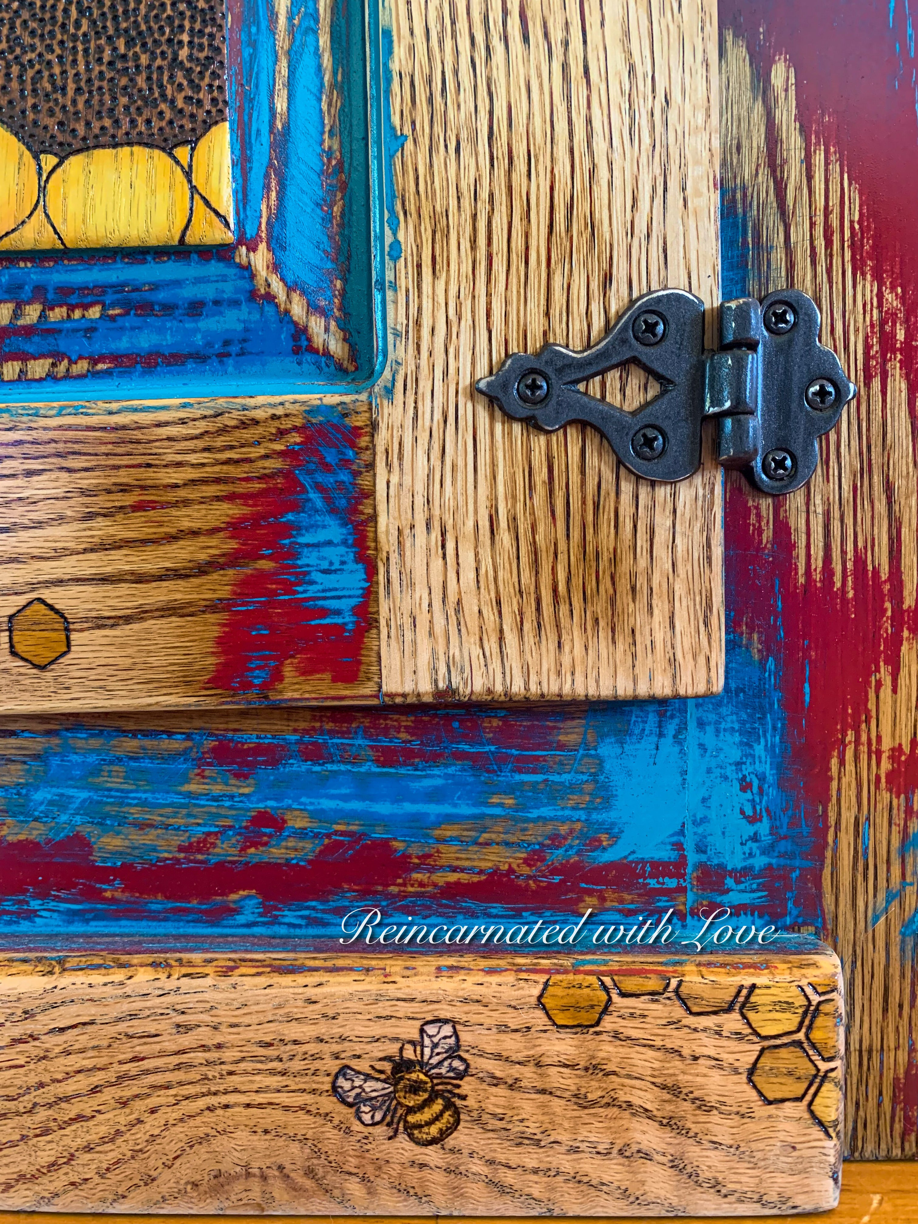 Burnt Wood & Watercolor Nightstand ~ with honeycomb, sunflowers & tiny bee accents