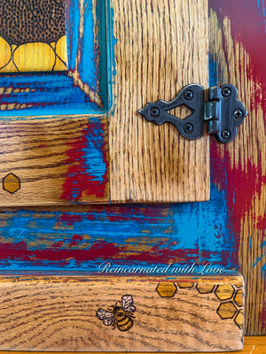 Burnt Wood & Watercolor Nightstand ~ with honeycomb, sunflowers & tiny bee accents