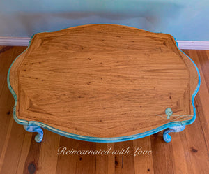 French Country Coffee Table ~ distressed white with blue undertones on stained wood