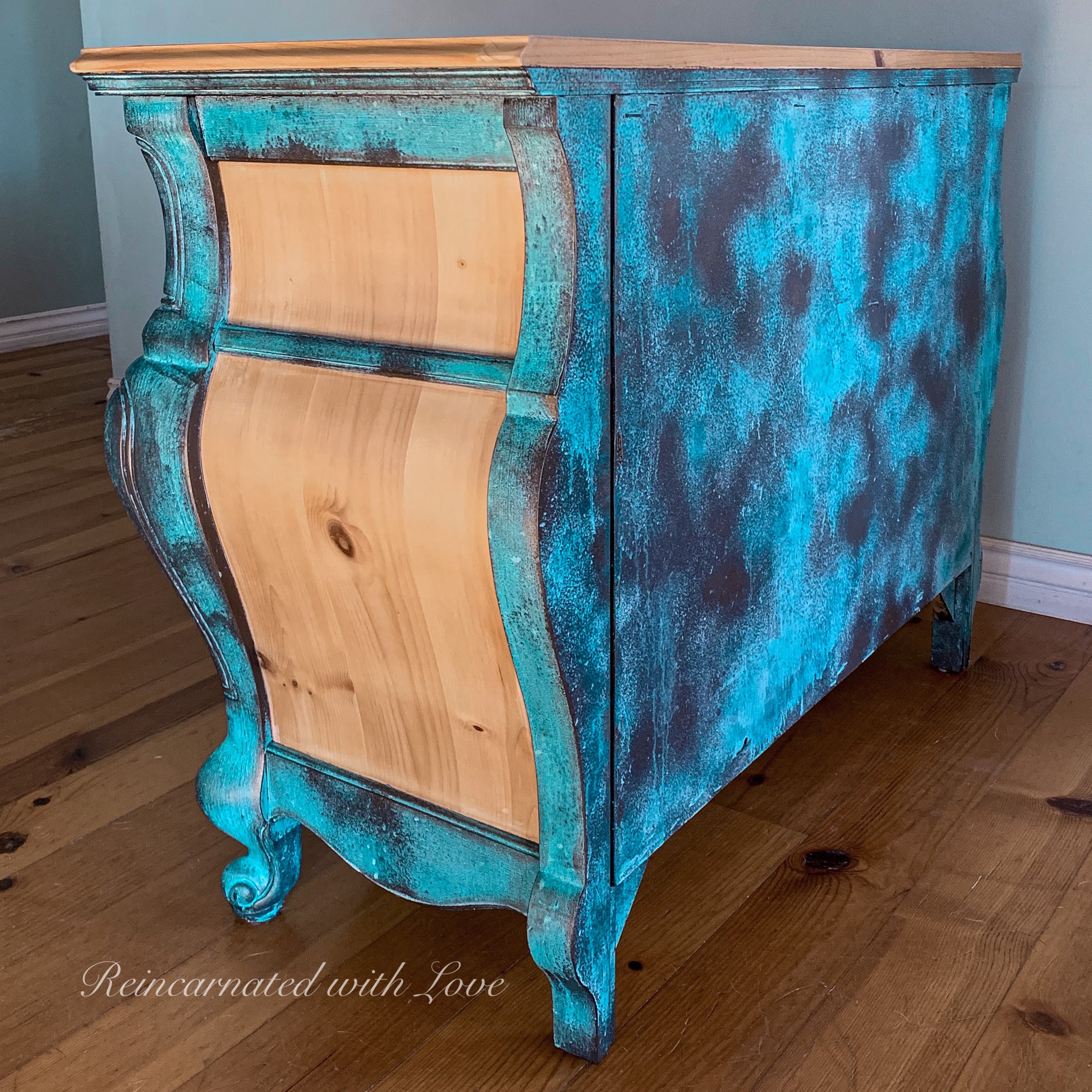 Boho Dresser ~ bombe chest of drawers in blue & green rusted copper patinas