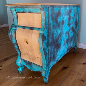 Boho Dresser ~ bombe chest of drawers in blue & green rusted copper patinas