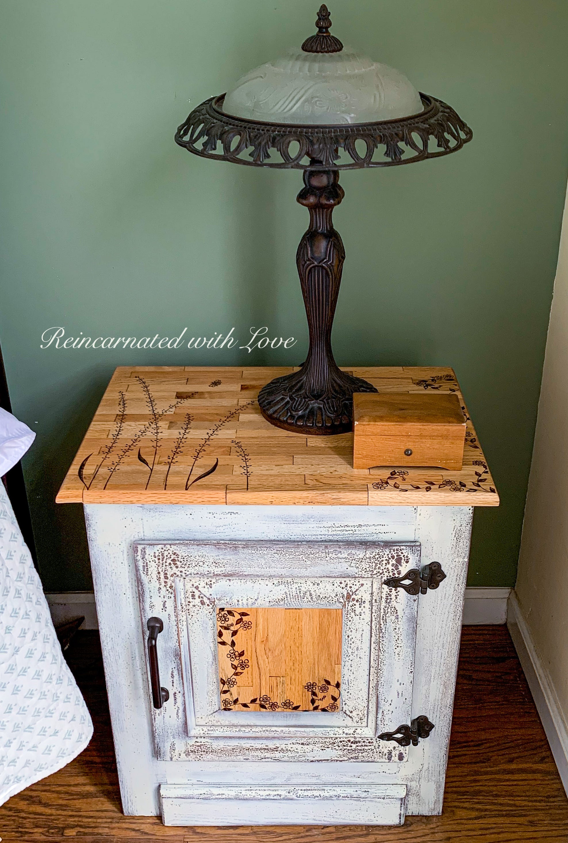 Farmhouse Bedside Table ~ with burnt wood, floral detailing