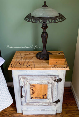 Farmhouse Bedside Table ~ with burnt wood, floral detailing