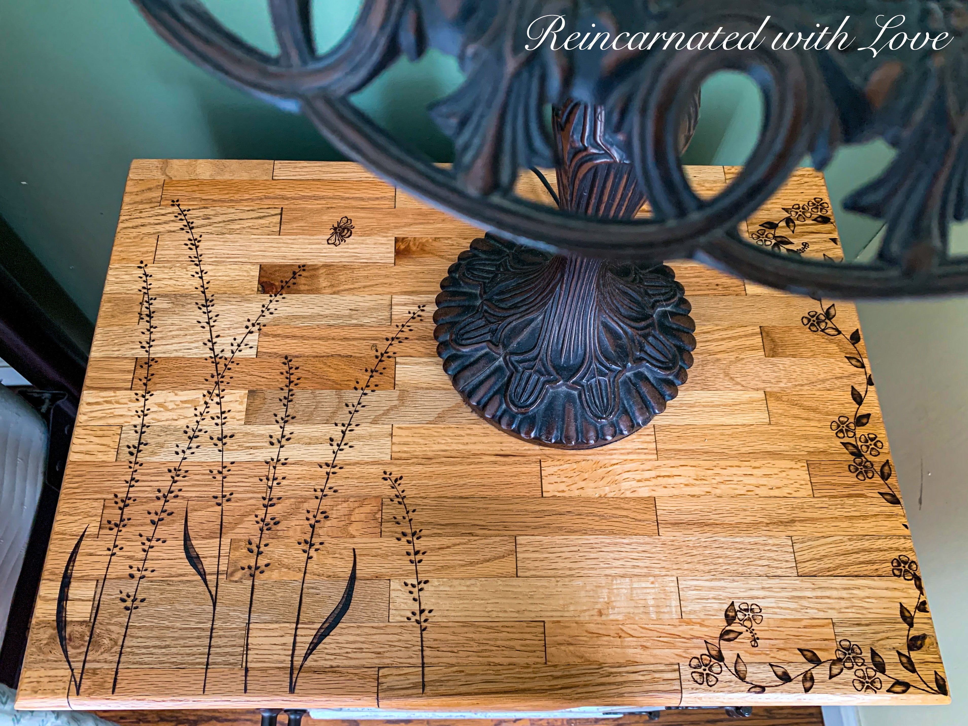 Farmhouse Bedside Table ~ with burnt wood, floral detailing