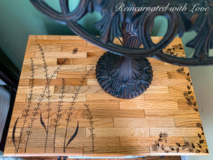 Farmhouse Bedside Table ~ with burnt wood, floral detailing