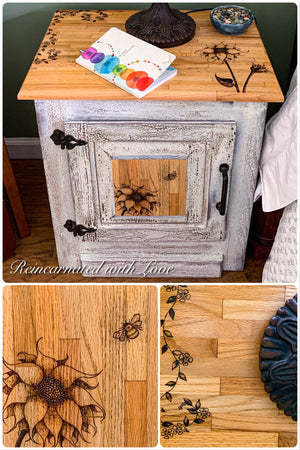 Farmhouse Style Nightstand ~ with burnt wood, floral detailing