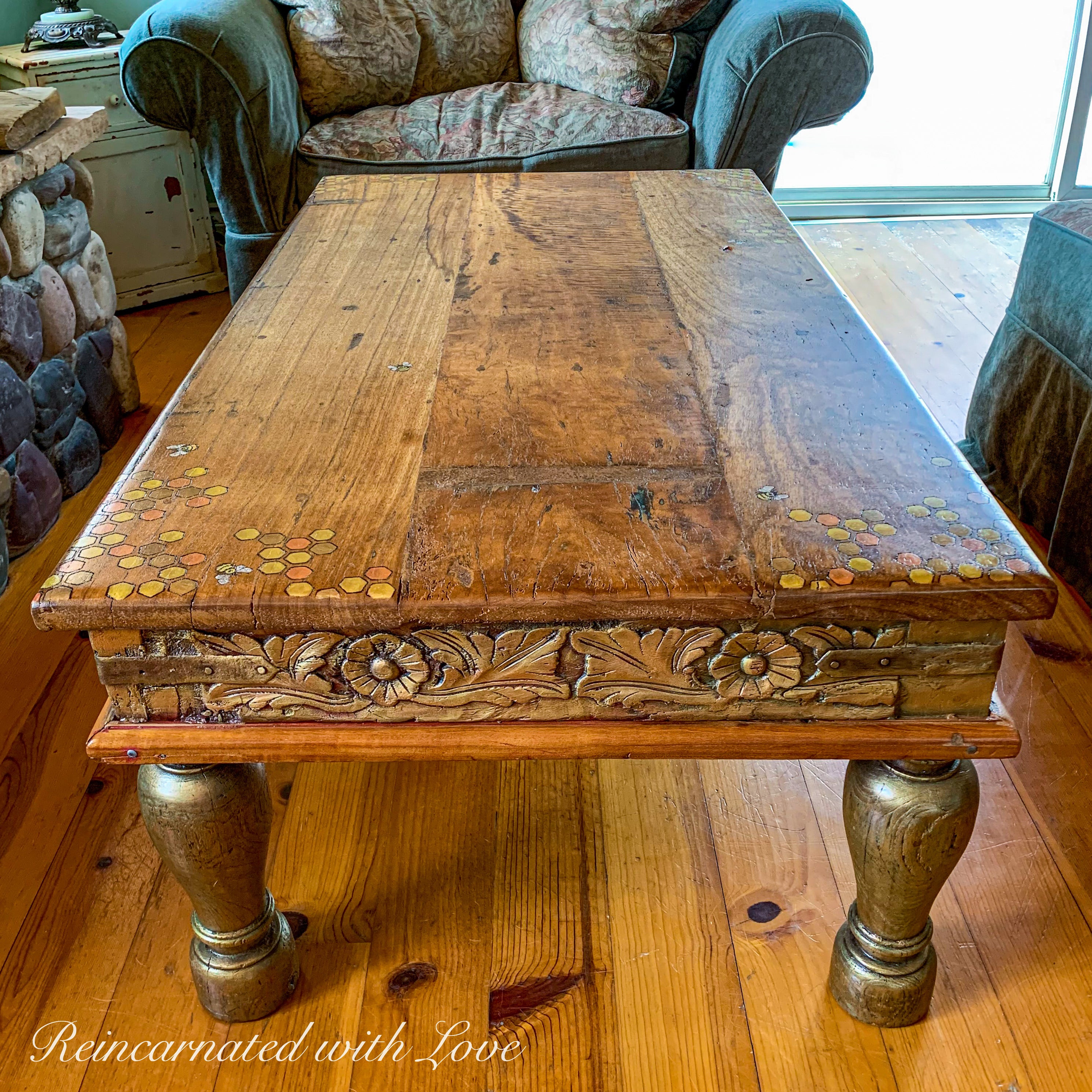 Reclaimed Wood Coffee Table ~ with iridescent honeycomb & tiny bee accents