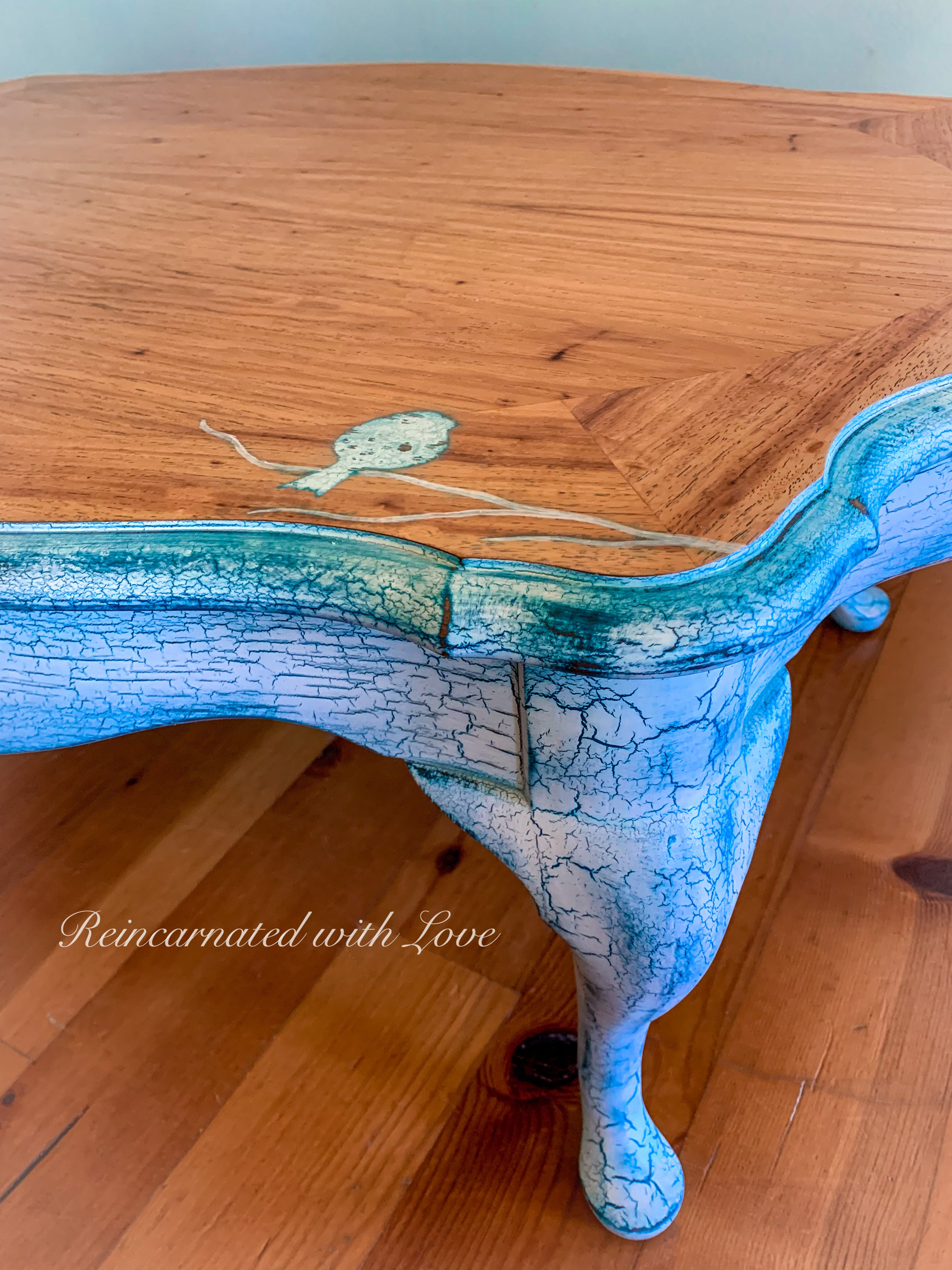 French Country Coffee Table ~ distressed white with blue undertones on stained wood