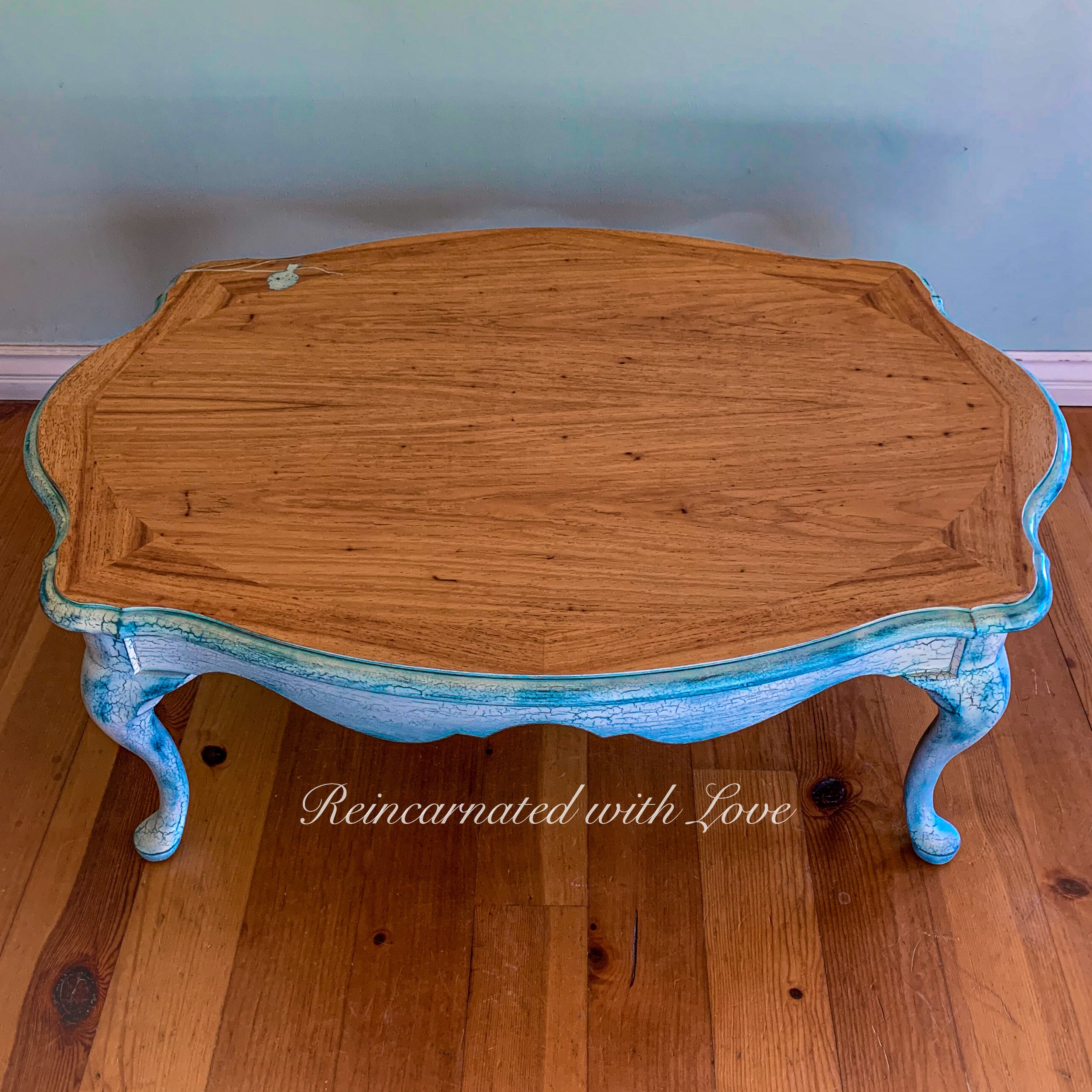 French Country Coffee Table ~ distressed white with blue undertones on stained wood